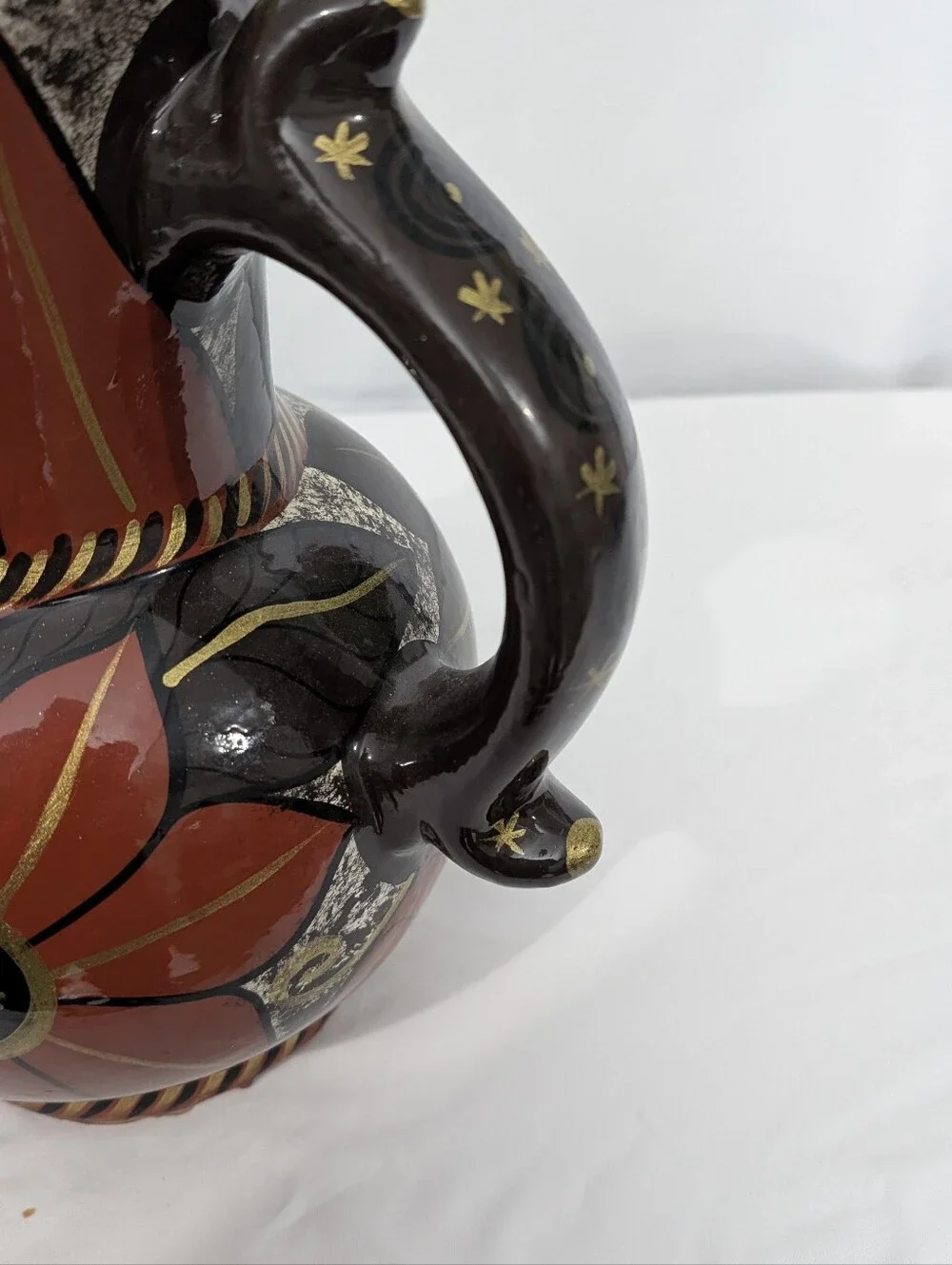 Vintage Postmodern Art Deco Floral Ceramic Pitcher Vase Black Gold